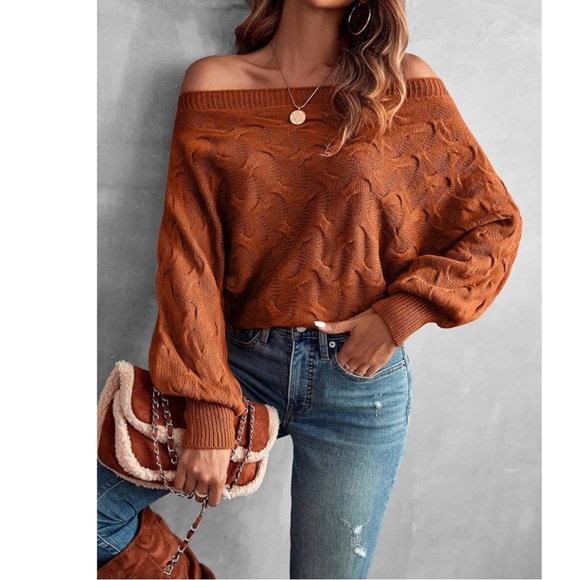 Off Shoulder Batwing Sleeve Textured Sweater Rust Brown Size XL - Picture 1 of 3
